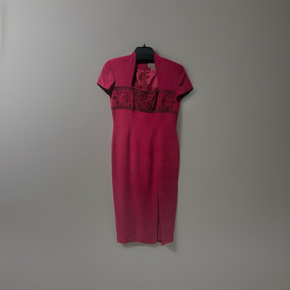 Vtg Adrianna Papell‎ Maroon High Neck Sheath Silk Dress Office Size 8 Jacquard